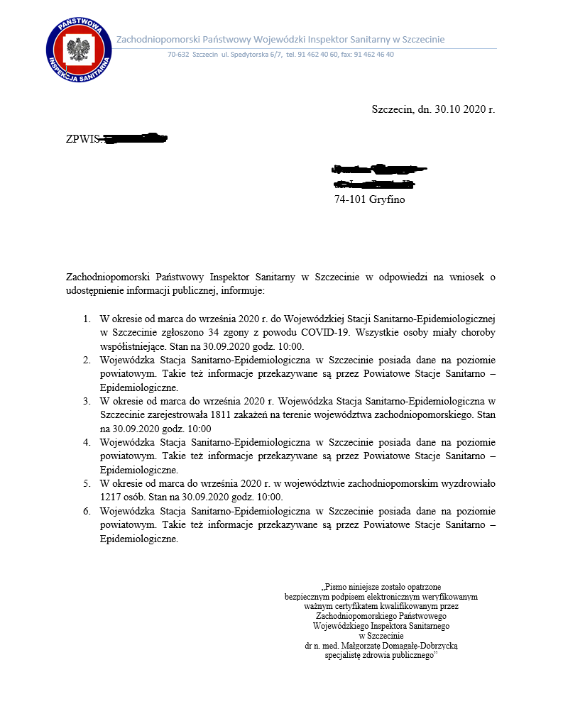Statystyki dot. koronawirusa w zachodniopomorskim.