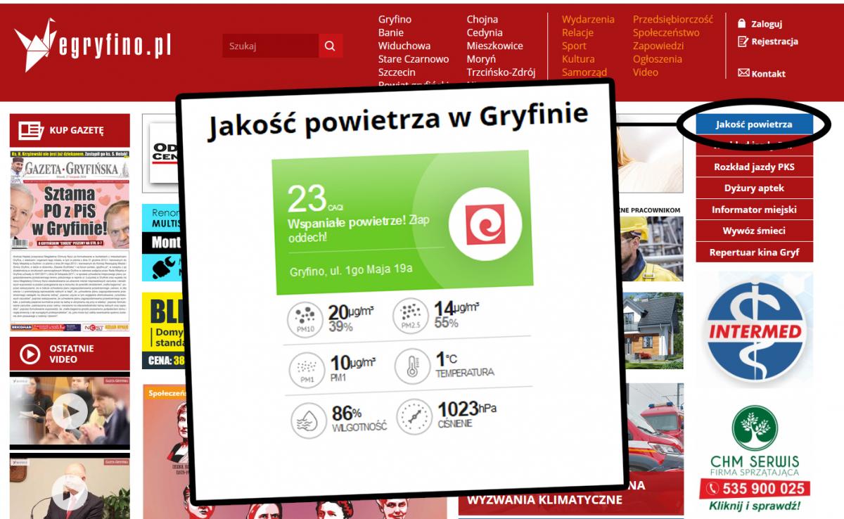 NA BIEŻĄCO SPRAWDZAJ JAKOŚĆ POWIETRZA W GRYFINIE!!!