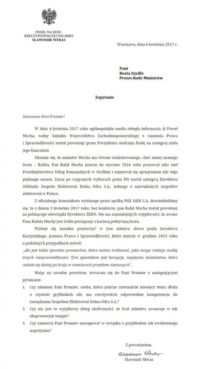 Nitras pyta Premier RP o awans Rafała Muchy [aktualizacja: mamy odpowiedź R. Muchy]