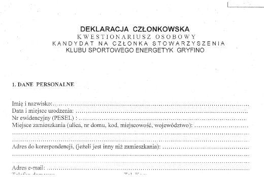 Wzór deklaracji członkowskiej Energetyka