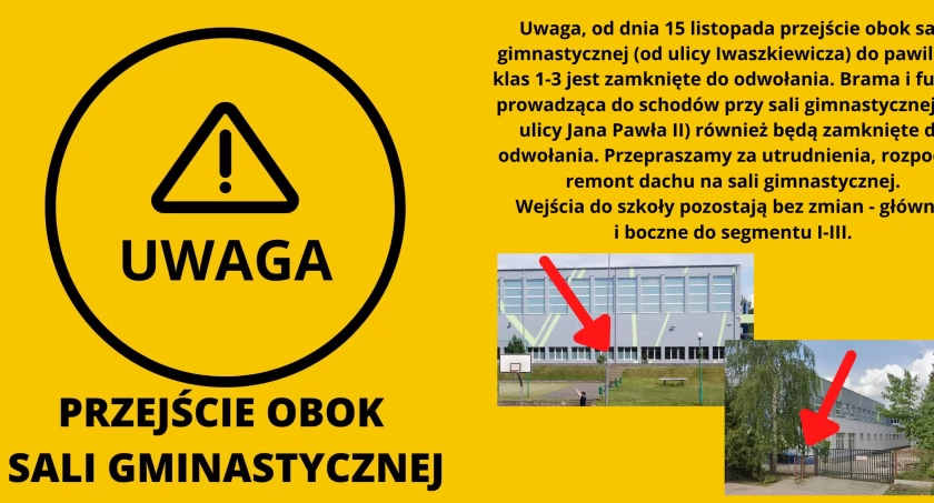 Trwają prace na dachu. Przejście obok sali zamknięte