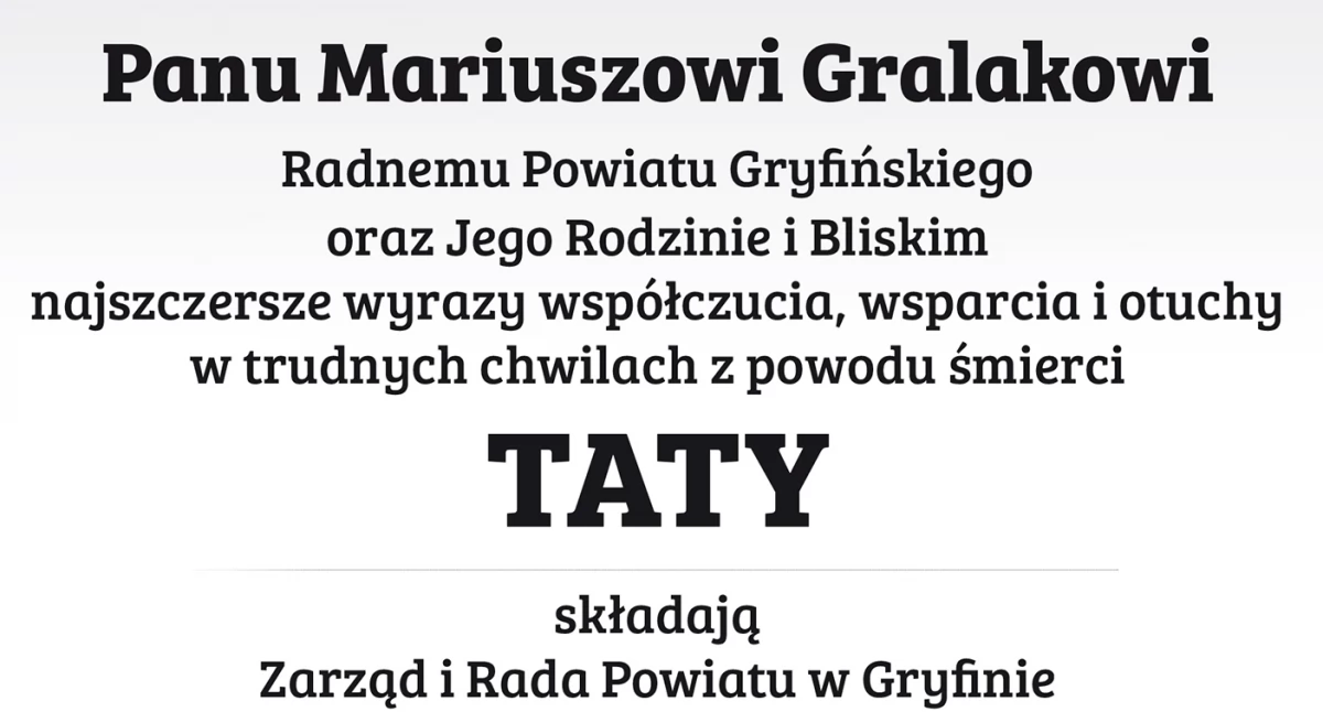 Kondolencje dla Mariusza Gralaka oraz dla Jego Rodziny i Bliskich