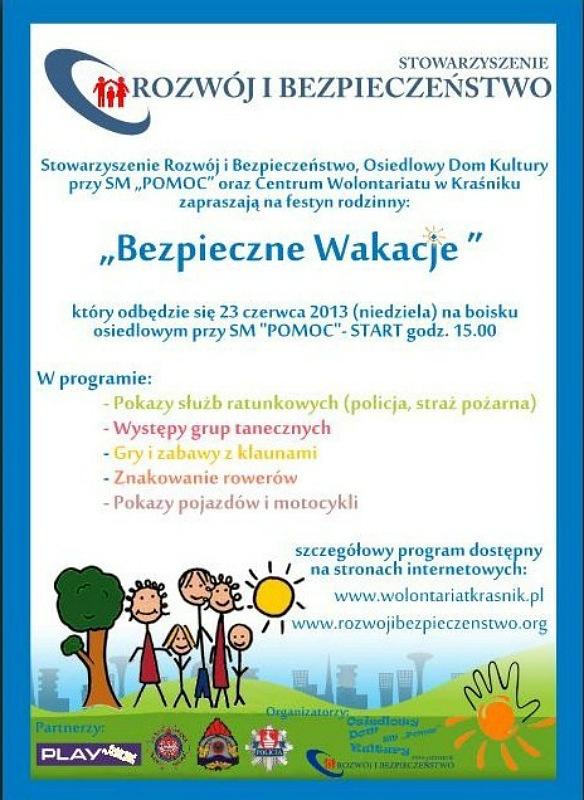Stowarzyszenie Rozwój i Bezpieczeństwo zaprasza na festyn pod hasłem ?Bezpieczne wakacje?