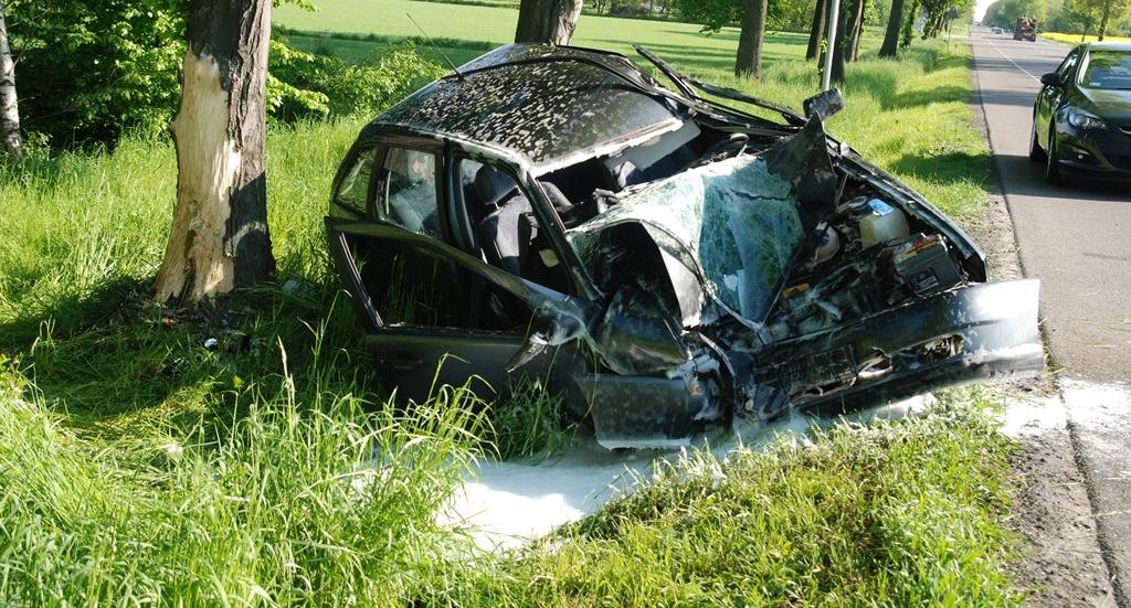 Obroki (gm. Wilkołaz). Zjechał do rowu i uderzył w drzewo. Miał ponad 1,5 promila