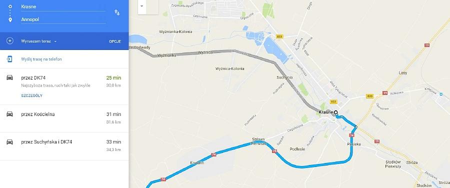 Kraśnik jako „Krasne” na mapach Googla