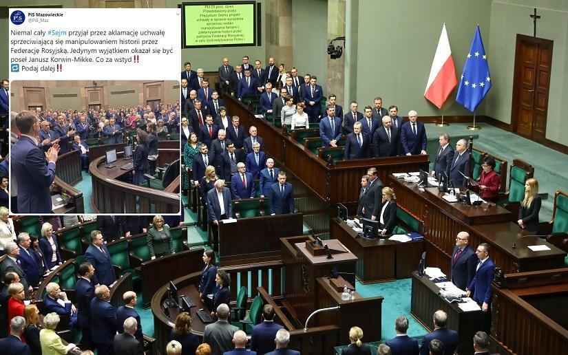 Wszyscy w sali sejmowej wstają i klaszczą, Korwin siedzi i myśli