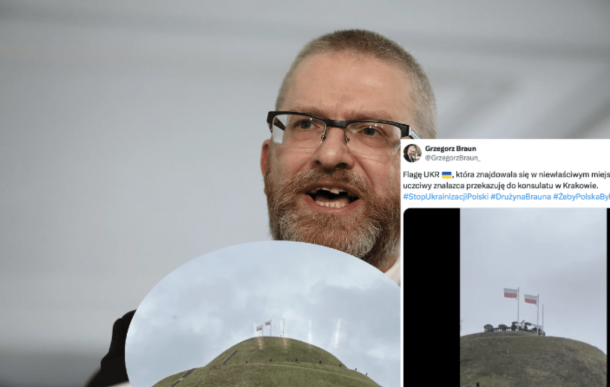 Grzegorz Braun znów przegiął. Ukraińska flaga zerwana w Krakowie