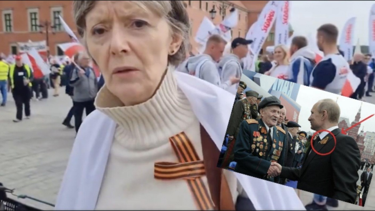 Protest rolników: Kobieta z rosyjskim symbolem i polską flagą wychwala Putina. 