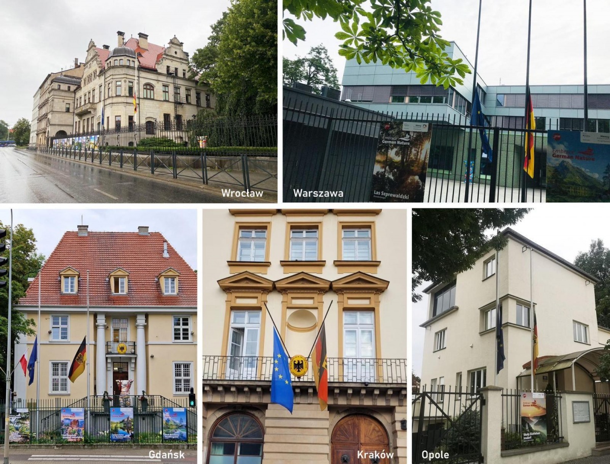 Ambasada Niemiec opuszcza flagi do połowy. 