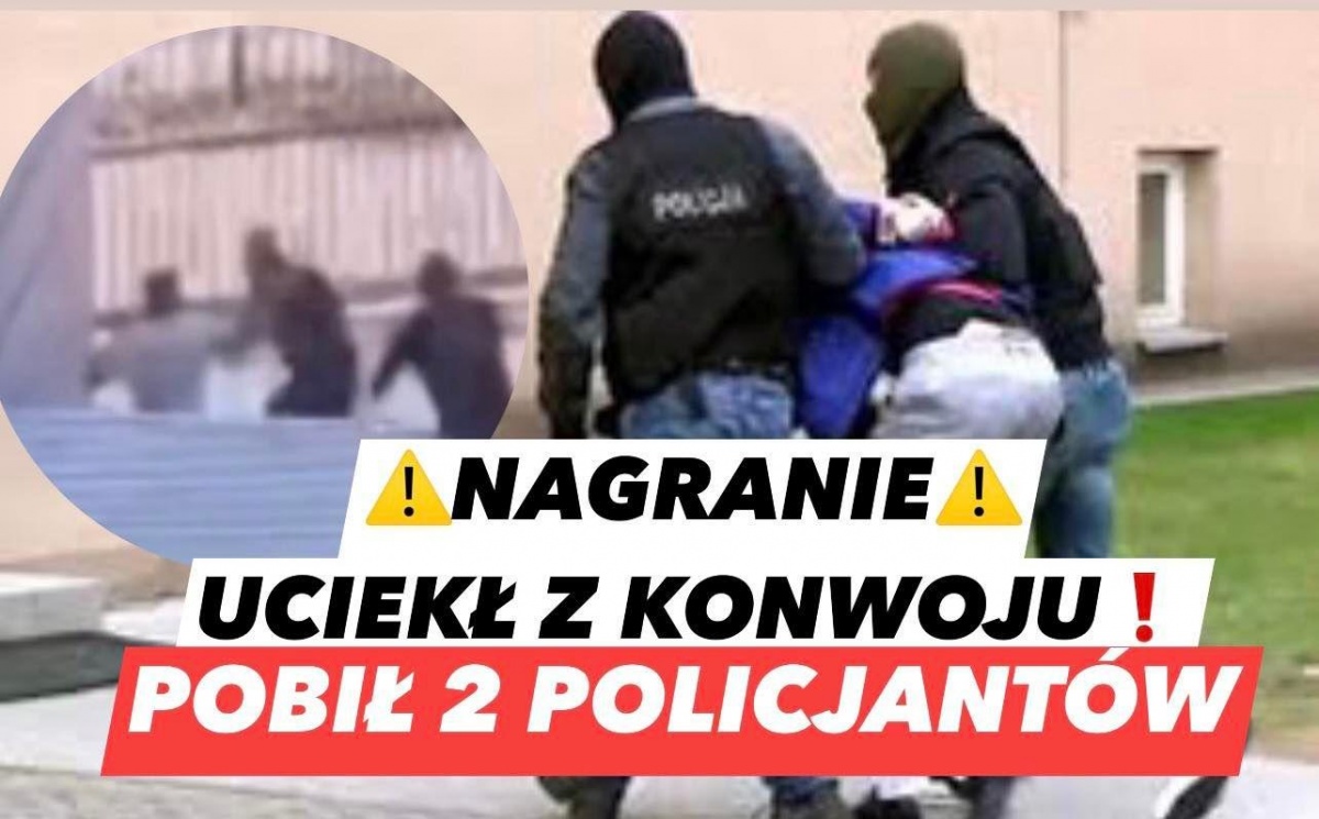 Uciekł z konwoju policji - NAGRANIE! Sam się rozkuł i pobił 2 policjantów