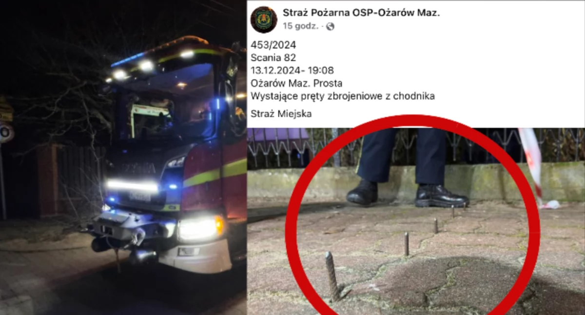 Ożarów Mazowiecki: Ostre pręty w chodniku. Strażacy usuwają stalowe części z chodnika