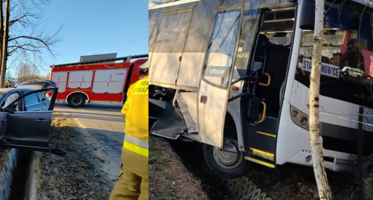 Zderzenie autobusu szkolnego z osobówką w Rzepinku. Jedna osoba odniosła obrażenia