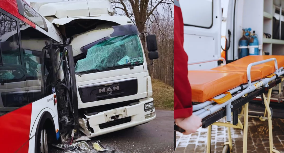 Wypadek na DK51 w Ługwałdzie: Autobus zderzył się z ciężarówką – cztery osoby ranne