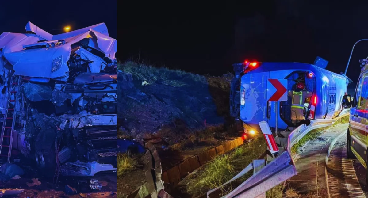 Wypadek autokaru i tira na S2. 16 osób rannych, w tym dziecko