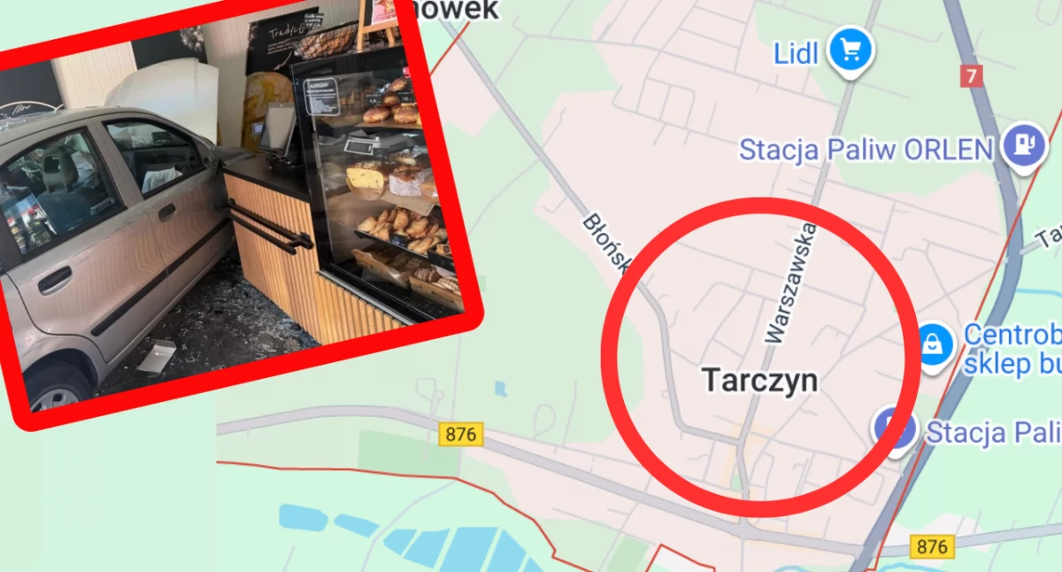 Wjechała w witrynę piekarni w Tarczynie. Tak zakończyła się poranna jazda młodej kobiety