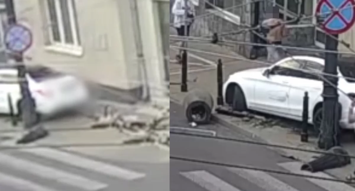 Lublin: Pijany kierowca Mercedesa staranował sygnalizator i latarnię. Nagranie z wypadku