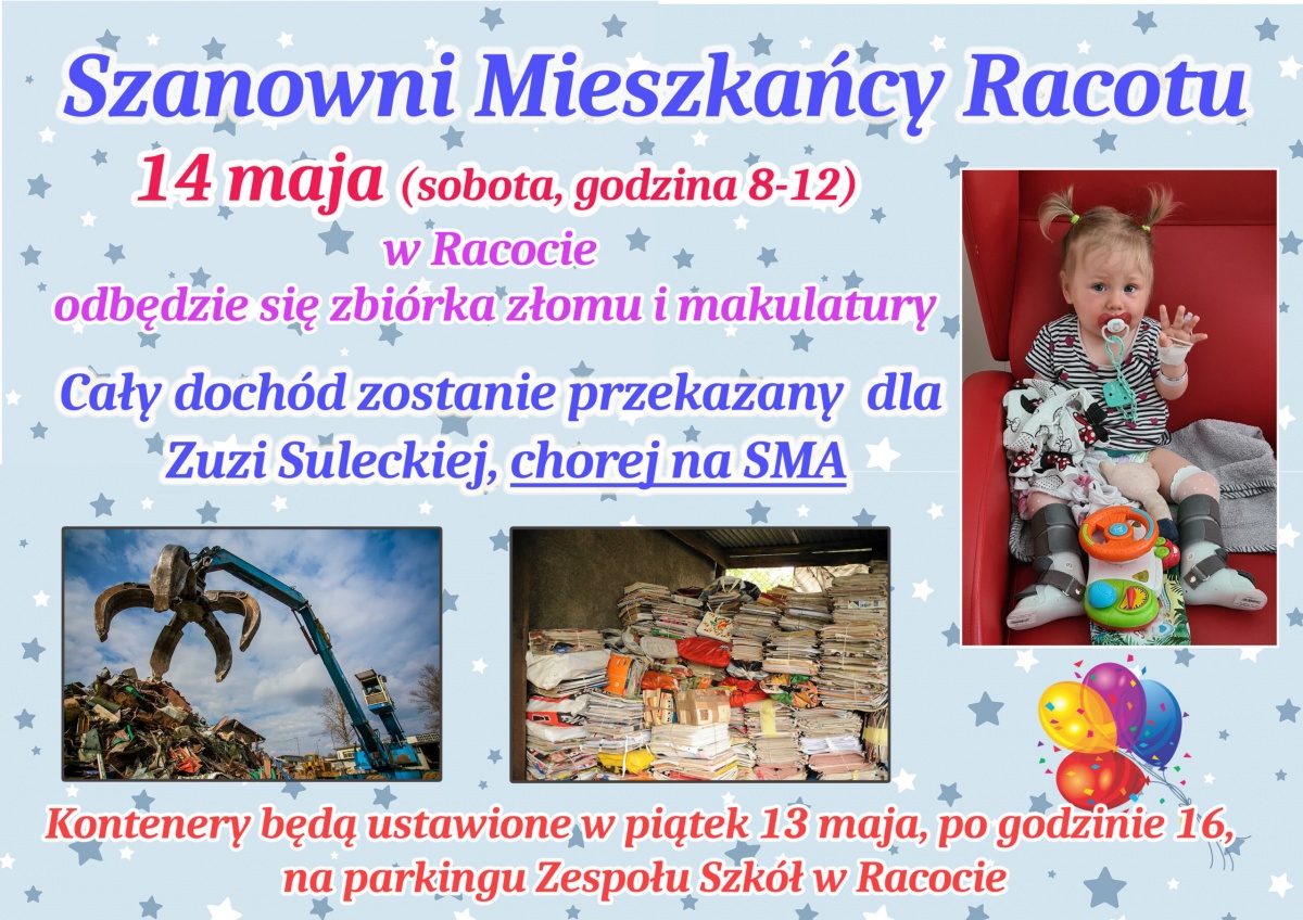 Zbiórka złomu i makulatury w Racocie dla małej Zuzi!