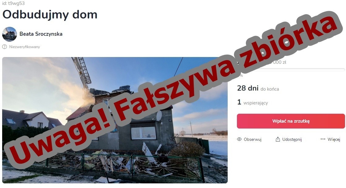 Fałszywa zrzutka! Zwracajmy uwagę na ID zbiórki!