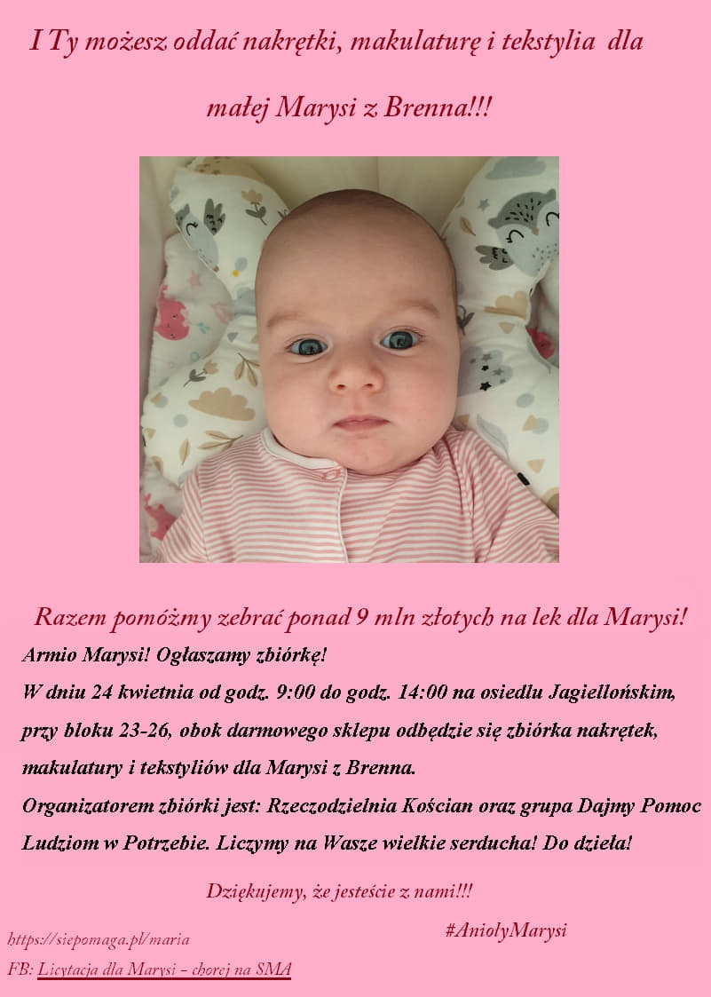 Zbiórka nakrętek, makulatury i tekstyliów dla Marysi!