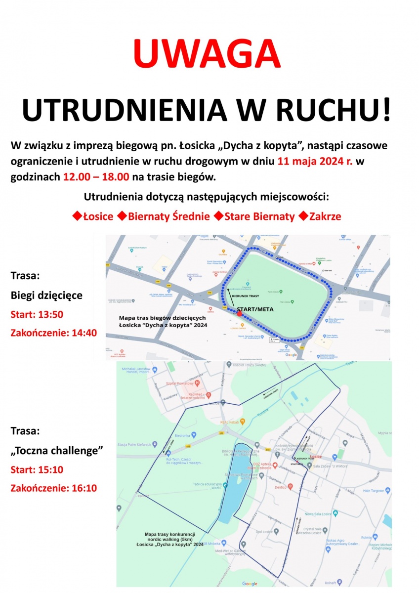 Uwaga Kierowcy! Utrudnienia w związku z imprezą biegową w Łosicach