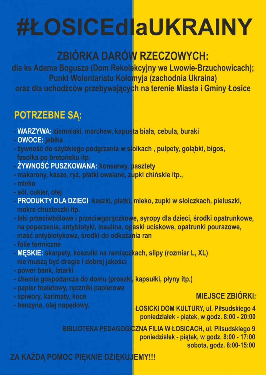 Apel o pomoc humanitarną #ŁOSICEdlaUKRAINY