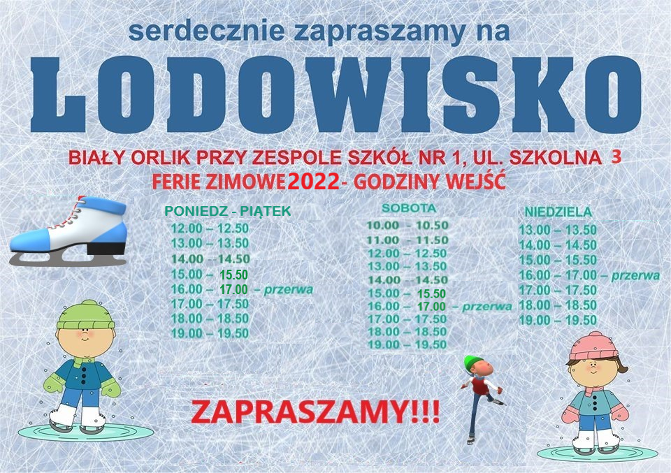Harmonogram Pracy Lodowiska w czasie Ferii Zimowych 2022r.