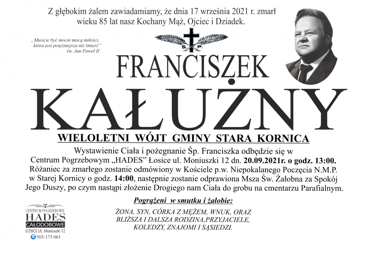 Zmarł Franciszek Kałużny – wieloletni Wójt Gminy Stara Kornica.