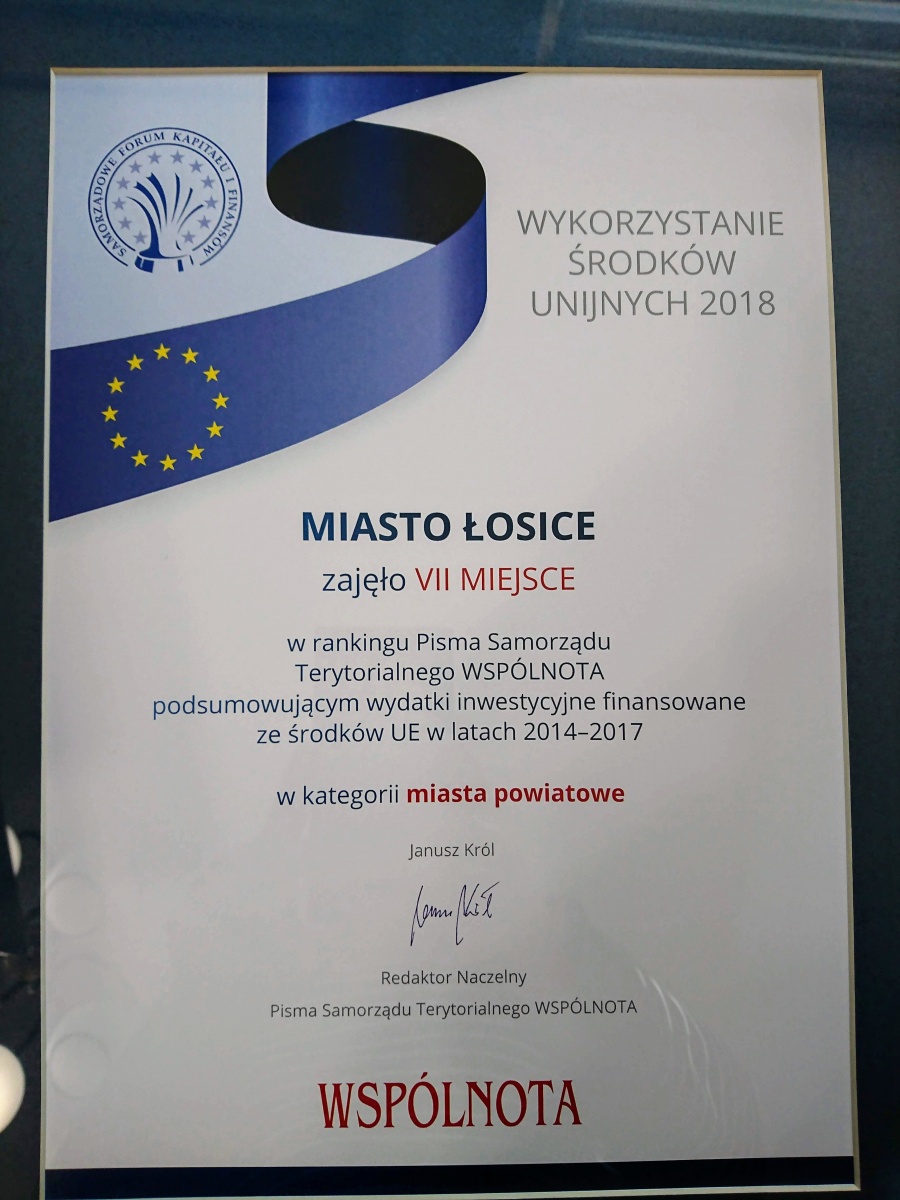 Łosice w czołówce miast powiatowych pod względem wydatków inwestycyjnych, finansowanych ze środków UE w latach 2014 - 2017