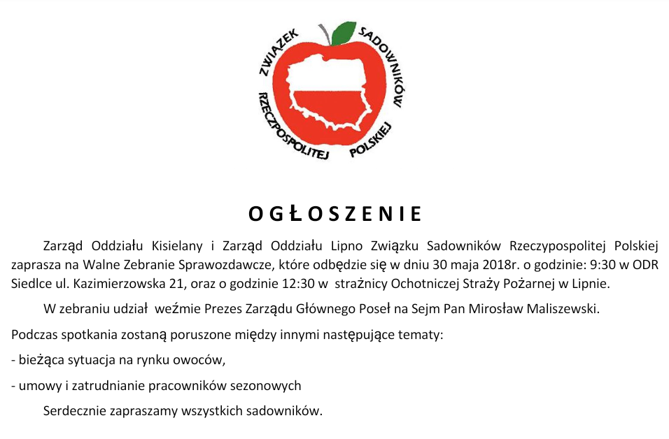 Zaproszenie na Walne Zebranie Sprawozdawcze Sadowników