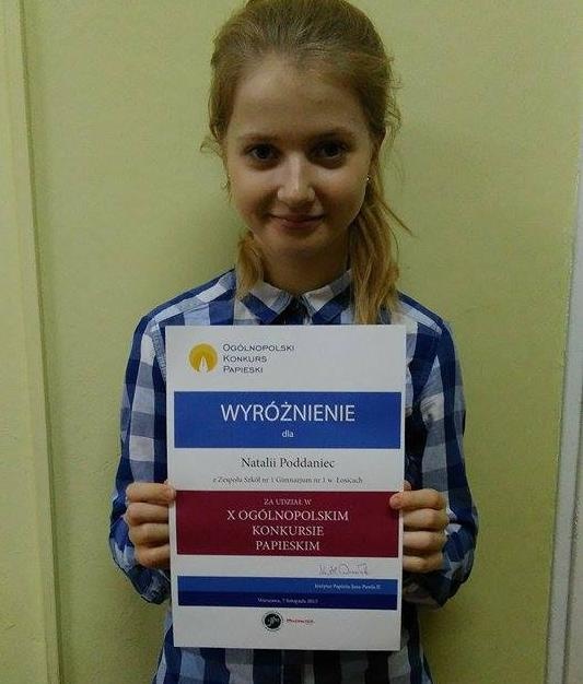 Natalia  Poddaniec wyróżniona w X Ogólnopolskim Konkursie Papieskim