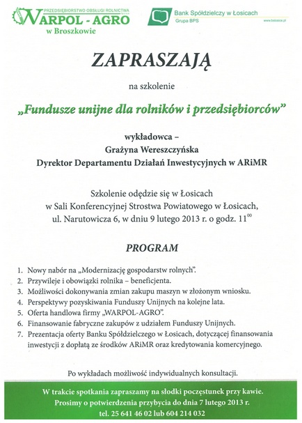 Fundusze unijne dla rolników i przedsiębiorców - szkolenie