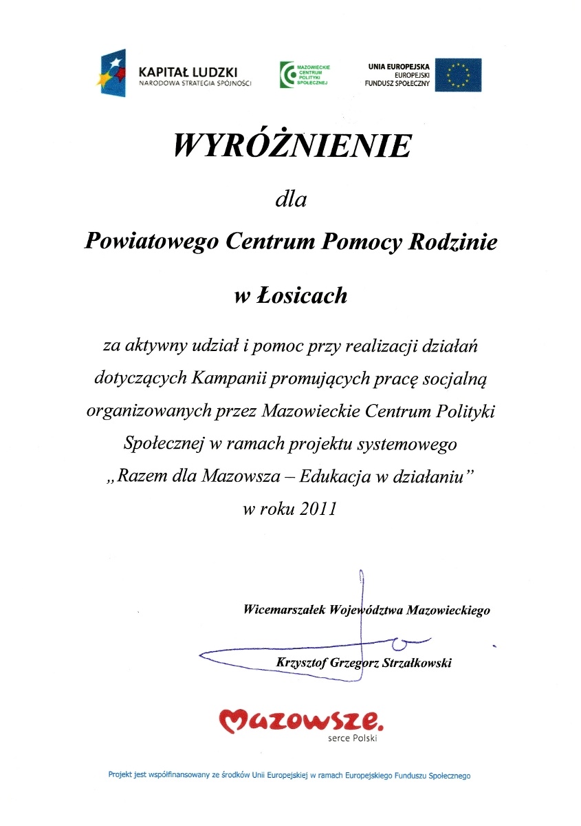 Wyróżnienie dla PCPR w Łosicach