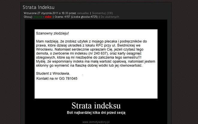 Apel studenta do złodzieja: za mój indeks dam ci flaszkę