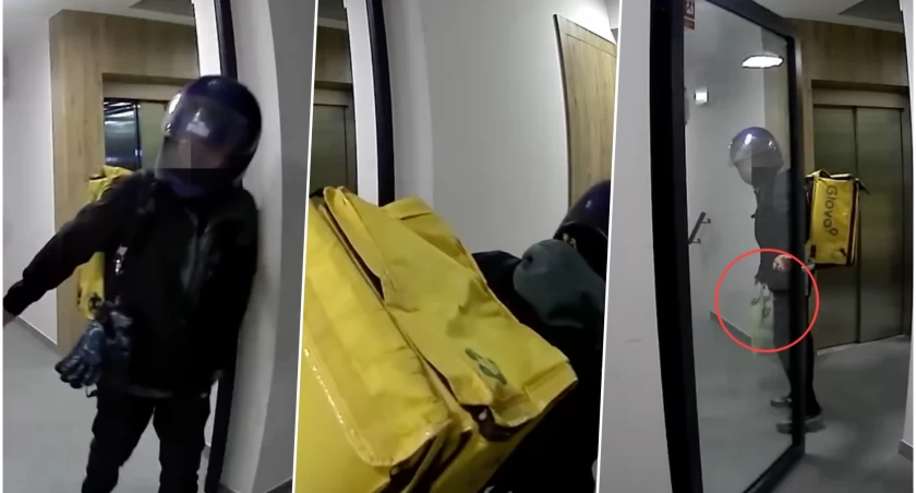 Szczyt bezczelności! Złodziej w stroju kuriera Glovo kradnie ludziom jedzenie