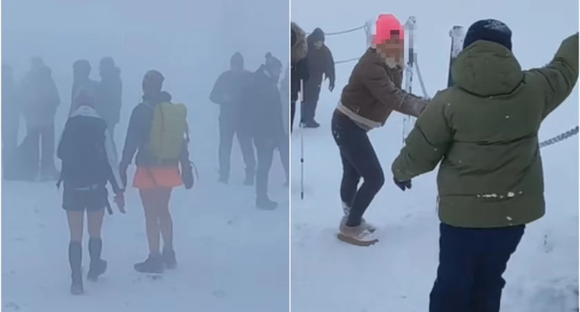 W spódniczkach i dresie na Śnieżce. Ludzie ślizgali się na szlaku, a w sieci zawrzało