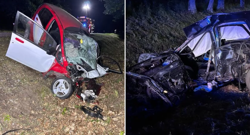 Dwa auta totalnie zmiażdżone. 18-letni kierowca zginął na miejscu
