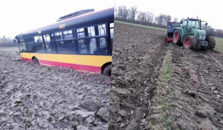 Kierowca autobusu chciał skrócić drogę. Zakopał się w polu