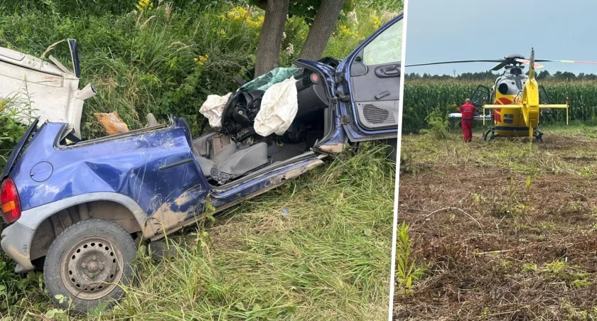 Koszmarny wypadek osobówki. Strażacy wyciągali rannego kierowcę z rozbitego wraku