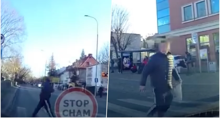Przechodził na czerwonym i skopał auto. 