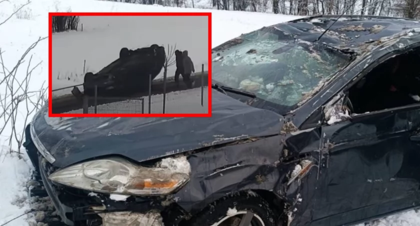 Chciał zdążyć przed policją, więc holował… samochód na dachu. Szokujące nagranie