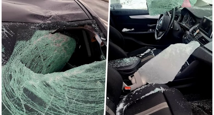 Wielka lodowa bryła przebiła szybę BMW i wpadła do środka. Dwie osoby mogły nawet zginąć 