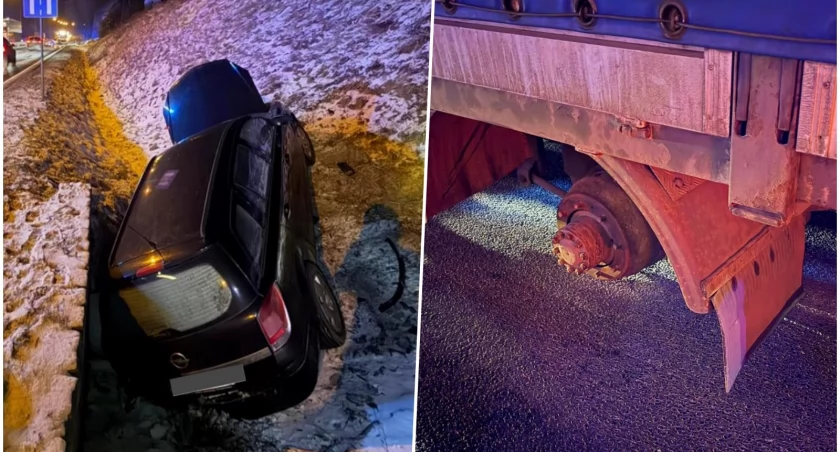 Z ciężarówki odpadły koła. Trafiły w osobówkę, kierowca drugiej ratował się „ucieczką” do rowu
