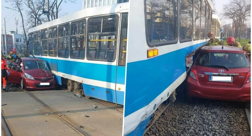 Samochód zderzył się z tramwajem na Strzegomskiej. Torowisko zablokowane w obu kierunkach
