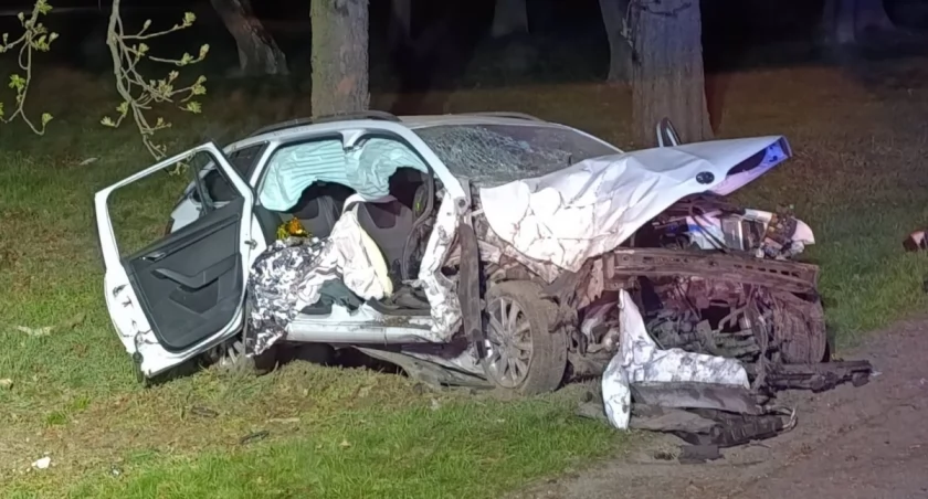 Kierowca Skody uderzył w drzewo podczas ucieczki przed policją. Aż silnik wypadł z pojazdu