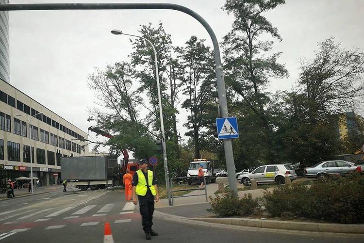 Kontener wypadł z ciężarówki po tym, jak zahaczyła o drzewo [ZDJĘCIA]