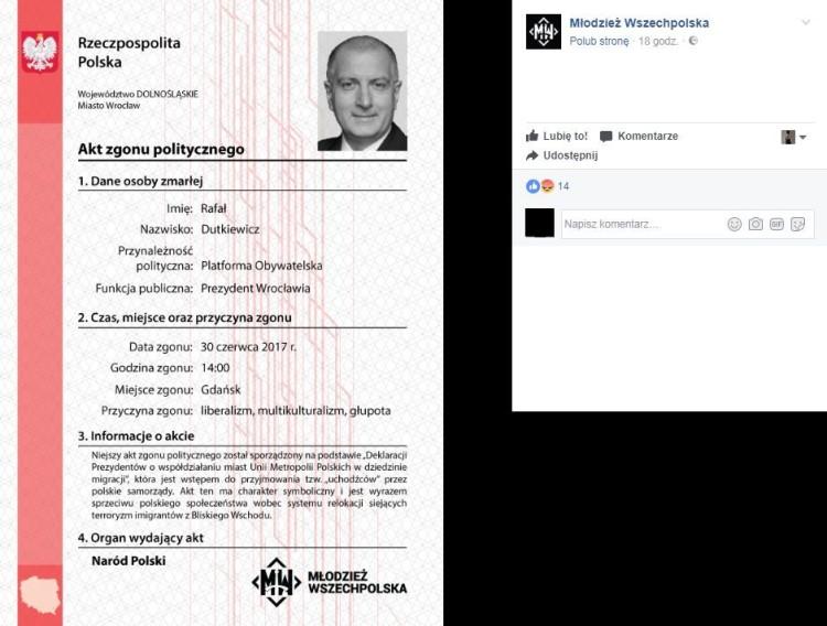 Młodzież Wszechpolska wystawiła akt zgonu Rafała Dutkiewicza. Powód? Uchodźcy