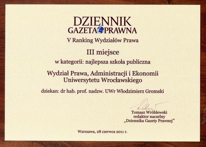 Wydział Prawa Uniwersytetu wyróżniony przez Dziennik Gazetę Prawną