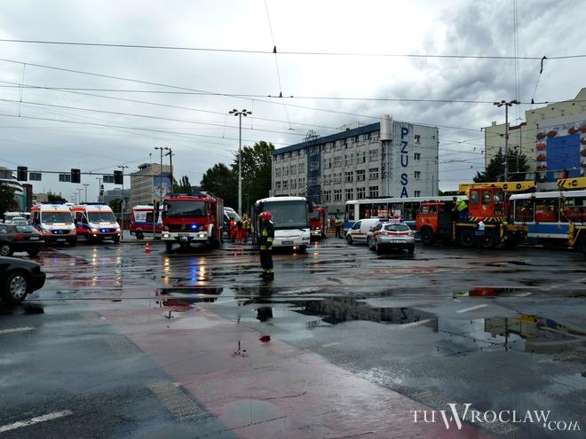 Tramwaj wjechał w autobus przy Galerii Dominikańskiej. Kilkanaście osób zostało rannych [FOTO]