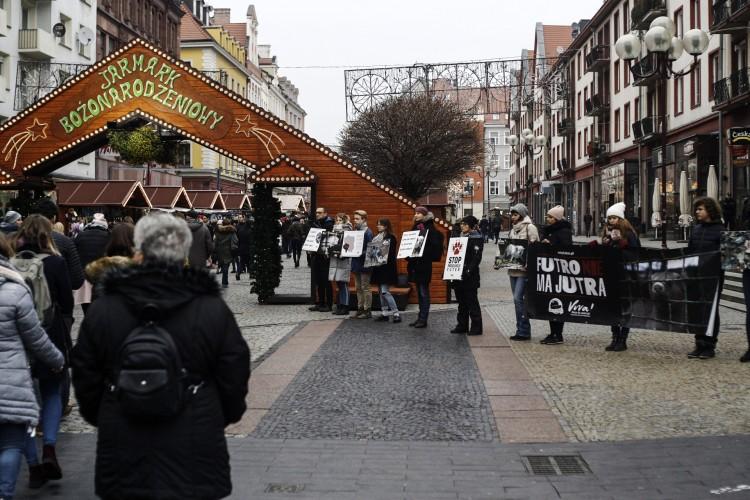 Protest przed jarmarkiem na Świdnickiej. „Futra to śmierć i smród” [ZDJĘCIA]