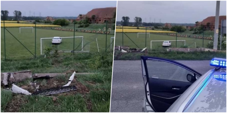 Uciekając przed policją pijany kierowca przeleciał autem 20 metrów i... wpadł do bramki